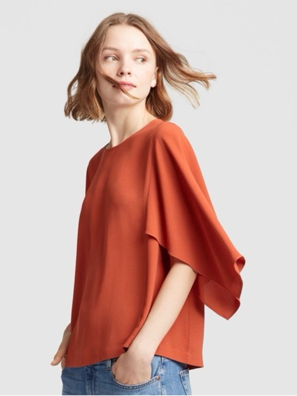 Eileen Fisher Cape-Sleeve Silk Top in Orange Pekoe